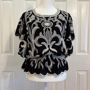 Solitaire Black & White Embroidered Peplum Top with Flutter Sleeves Size Medium
